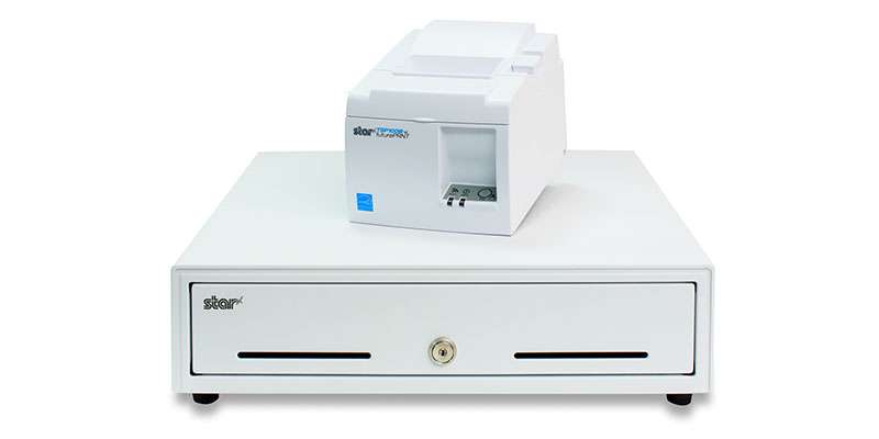 The TSP143III thermal receipt printer with an SMD2 Max Series cash drawer by Star Micronics.
